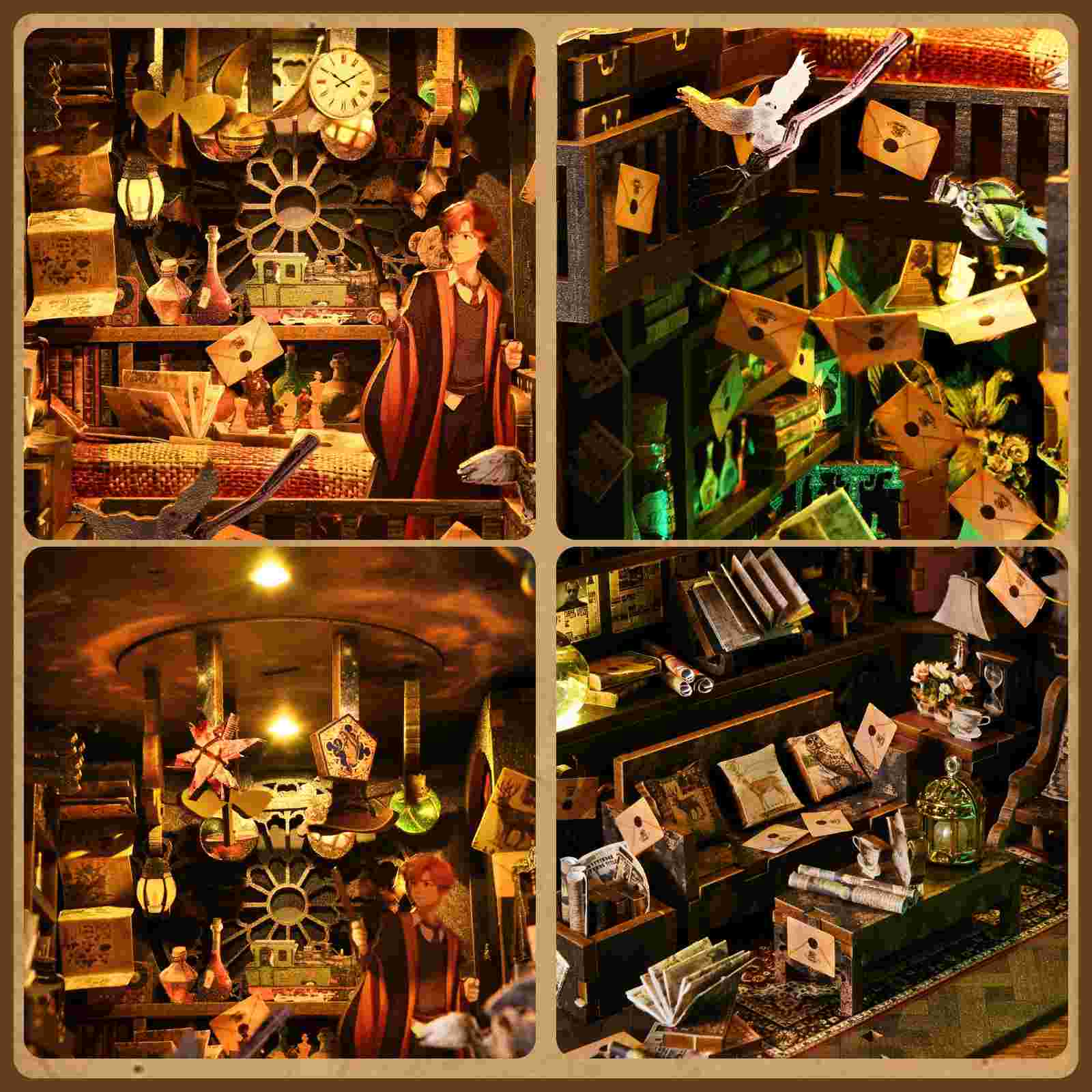 image displaying four main miniature scenes in assembled The House of Magic DIY Book Nook Kit