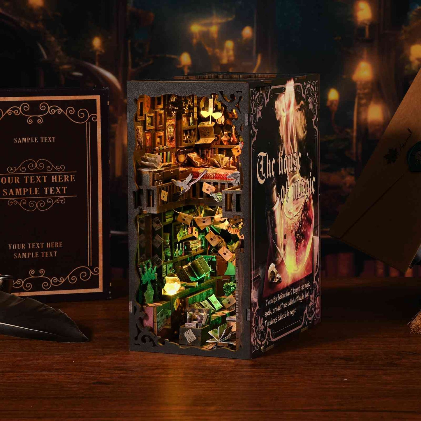 image displaying the assembled The House of Magic DIY Book Nook Kit in a magic-themed table setting