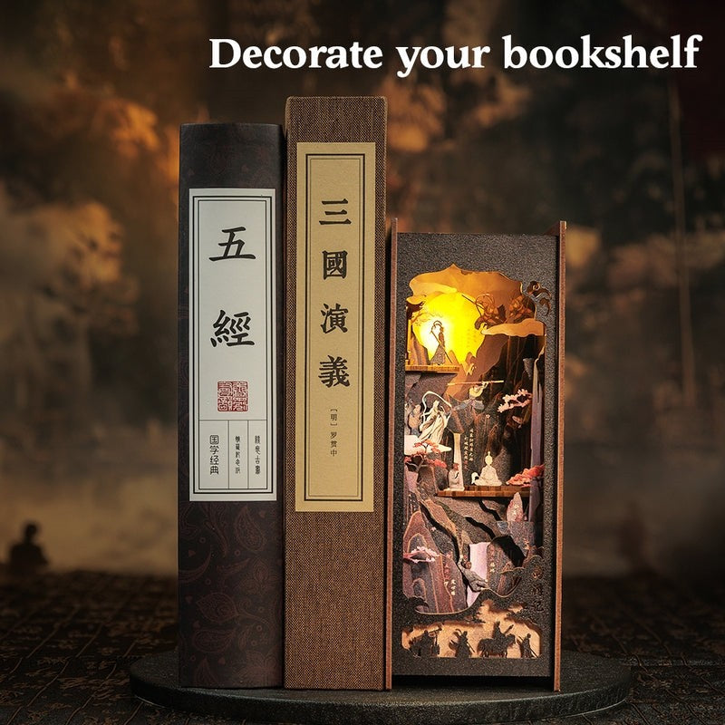 The Legend of WU KONG DIY Book Nook Kit displayed on a bookshelf, showcasing its beauty as a home decor piece