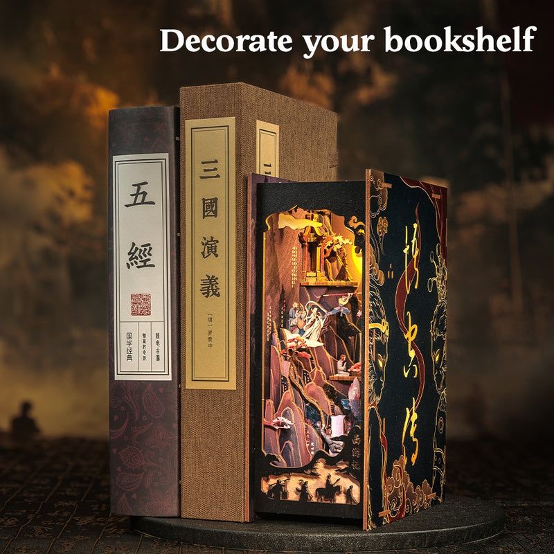 The Legend of WU KONG DIY Book Nook Kit displayed on a bookshelf, showcasing its beauty as a home decor piece