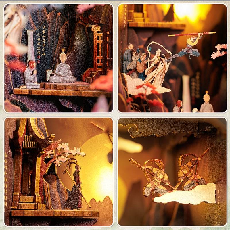 close-up of the four miniature scenes of the Legend of Wu Kong DIY Book Nook kit