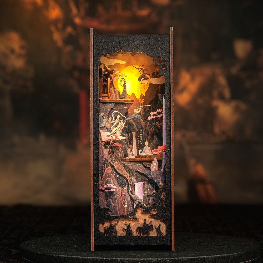 The Legend of WU KONG DIY Book Nook Kit displayed on a desk with lighting, showcasing its beauty