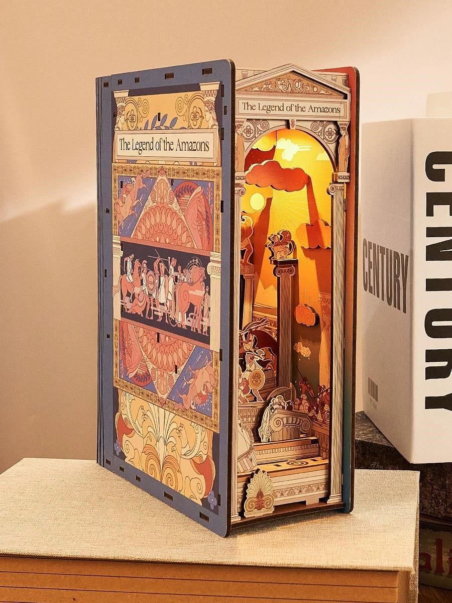 the legend of the amazons diy book nook - greek art inspired 3d wooden book end - bookshelf insert diorama - miniature crafts