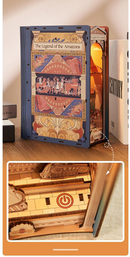 the legend of the amazons diy book nook - greek art inspired 3d wooden book end - bookshelf insert diorama - miniature crafts