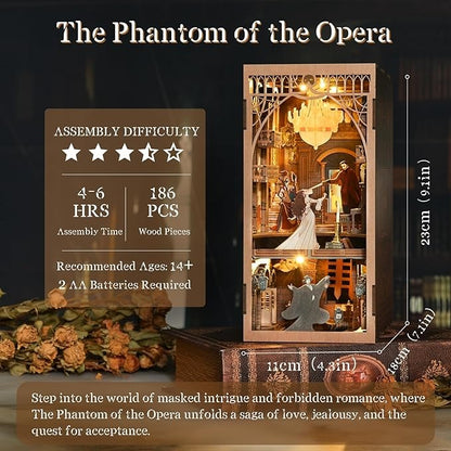 A The Phantom of The Opera inspired DIY Book Nook Kit, A charming miniature 3d wooden puzzles relives the charm of this classic tale with authentic miniature scenes., perfect for bookshelf decor, and dollhouse collectors, or a gift for Phantom of The Opera fans.