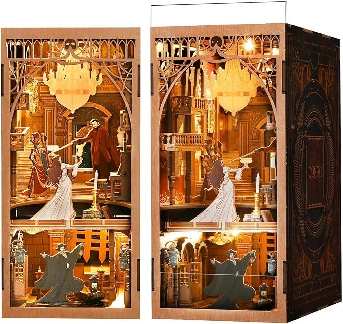 A The Phantom of The Opera inspired DIY Book Nook Kit, A charming miniature 3d wooden puzzles relives the charm of this classic tale with authentic miniature scenes., perfect for bookshelf decor, and dollhouse collectors, or a gift for Phantom of The Opera fans.
