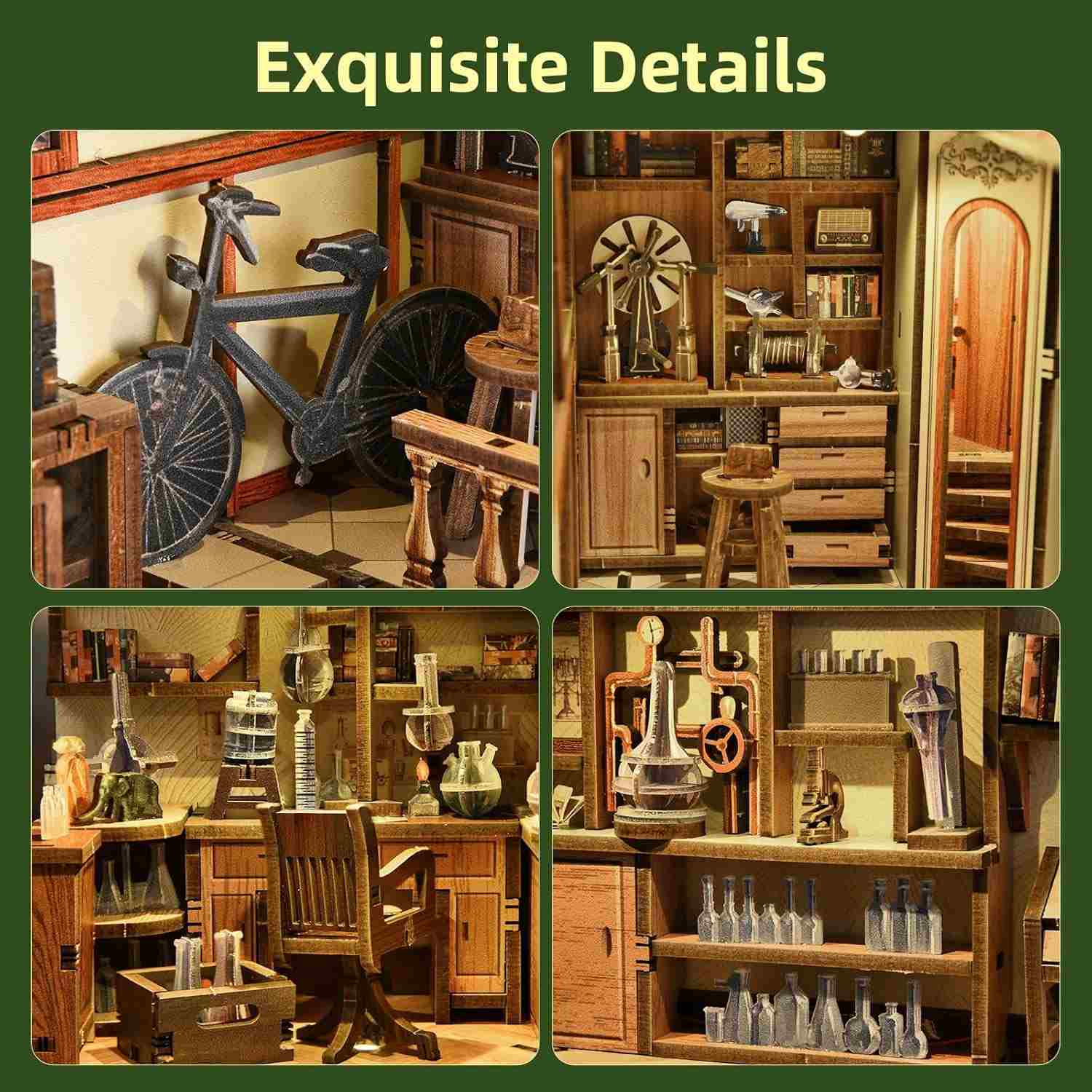 Collage of detailed wooden miniature furniture and decor in the Radium Lady's room Book Nook