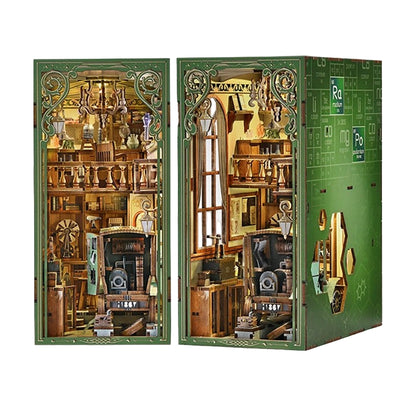 Detailed 3D Miniature Model of the room of Madame Curie inside a green Book Nook box with intricate design