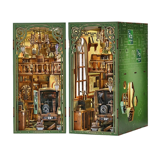 Detailed 3D Miniature Model of the room of Madame Curie inside a green Book Nook box with intricate design