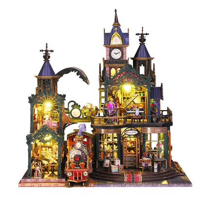 Detailed miniature house model of steampunk railway station with various lit-up features on a white background