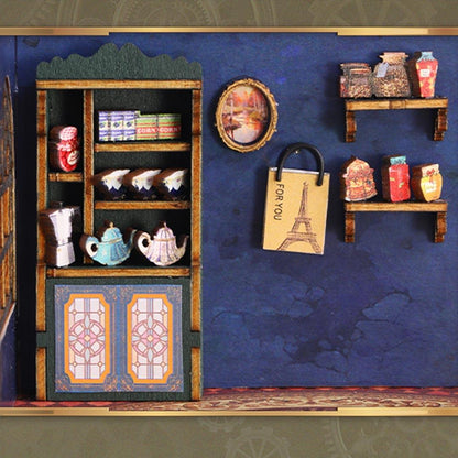 Wooden shelves with decorative items against a blue wall