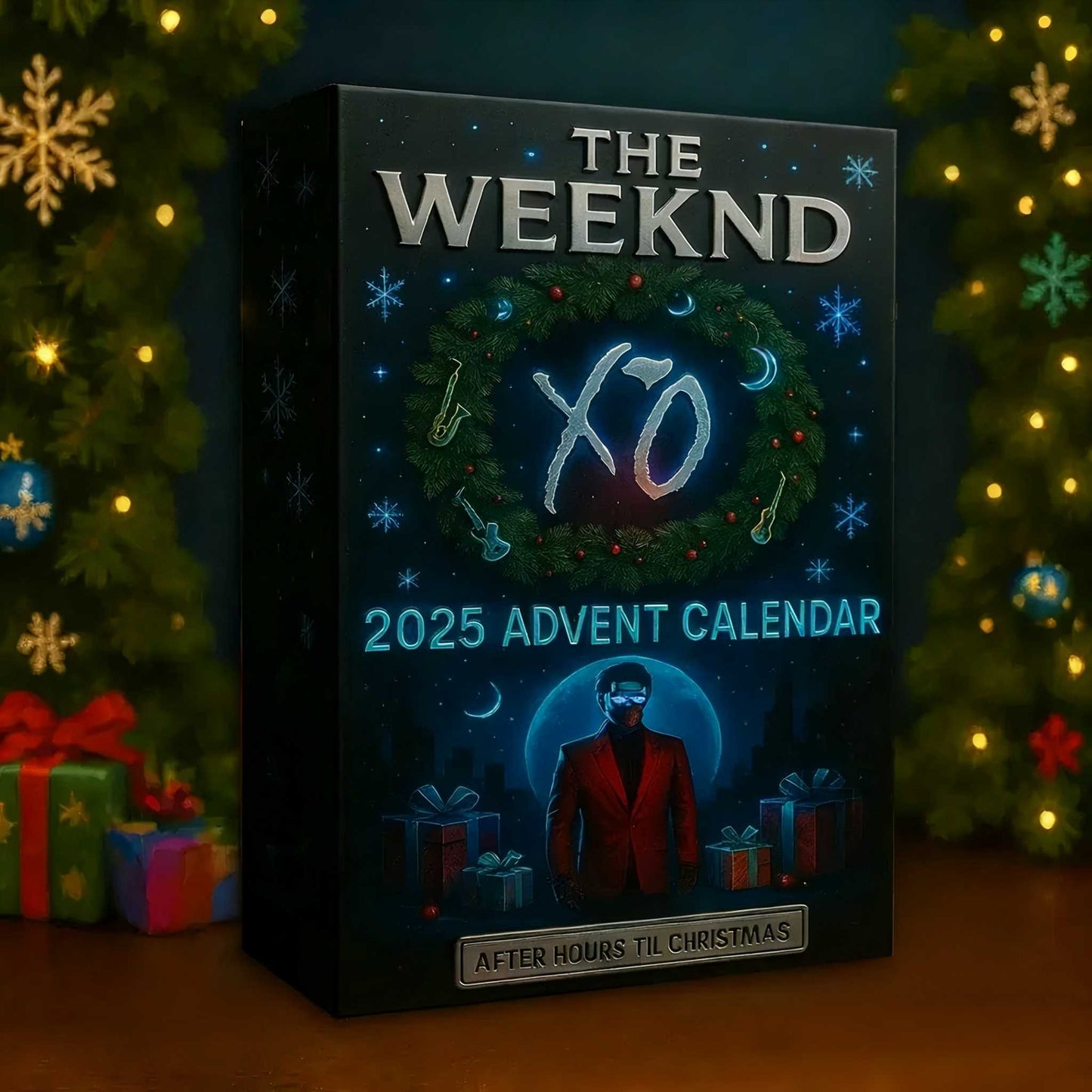 Advent calendar box for 'The Weeknd' with Christmas decorations in the background