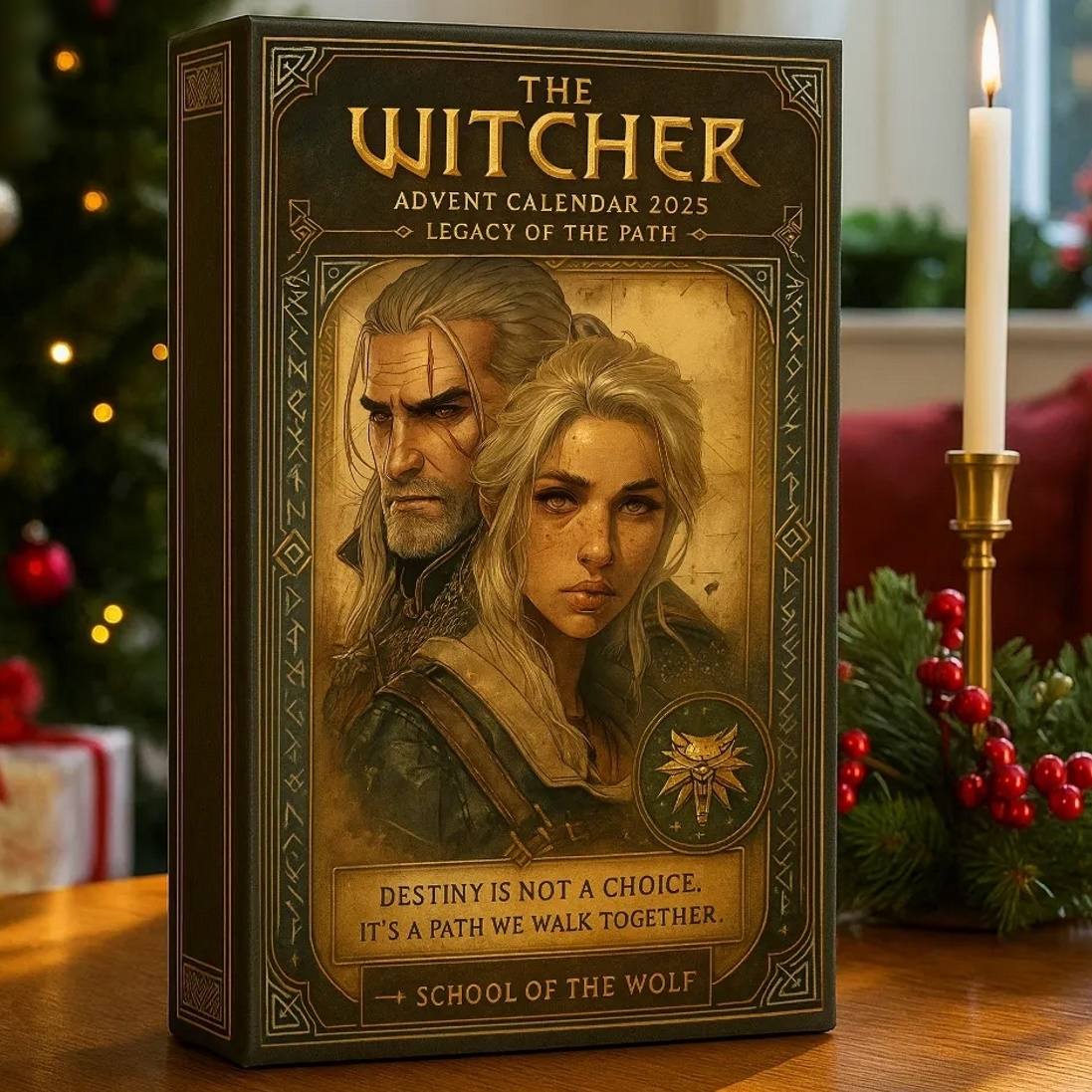 The Witcher advent calendar 2025 with a candle and Christmas decorations in the background