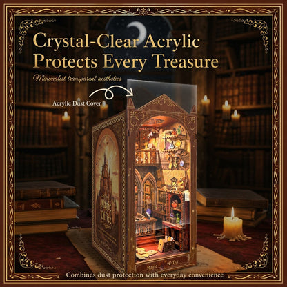 A crystal-clear acrylic protective cover with ornate gothic-style detailing, shown standing over a miniature fantasy library diorama. The scene includes text overlays describing the transparent acrylic and dust cover, with a dark library background and candles.
