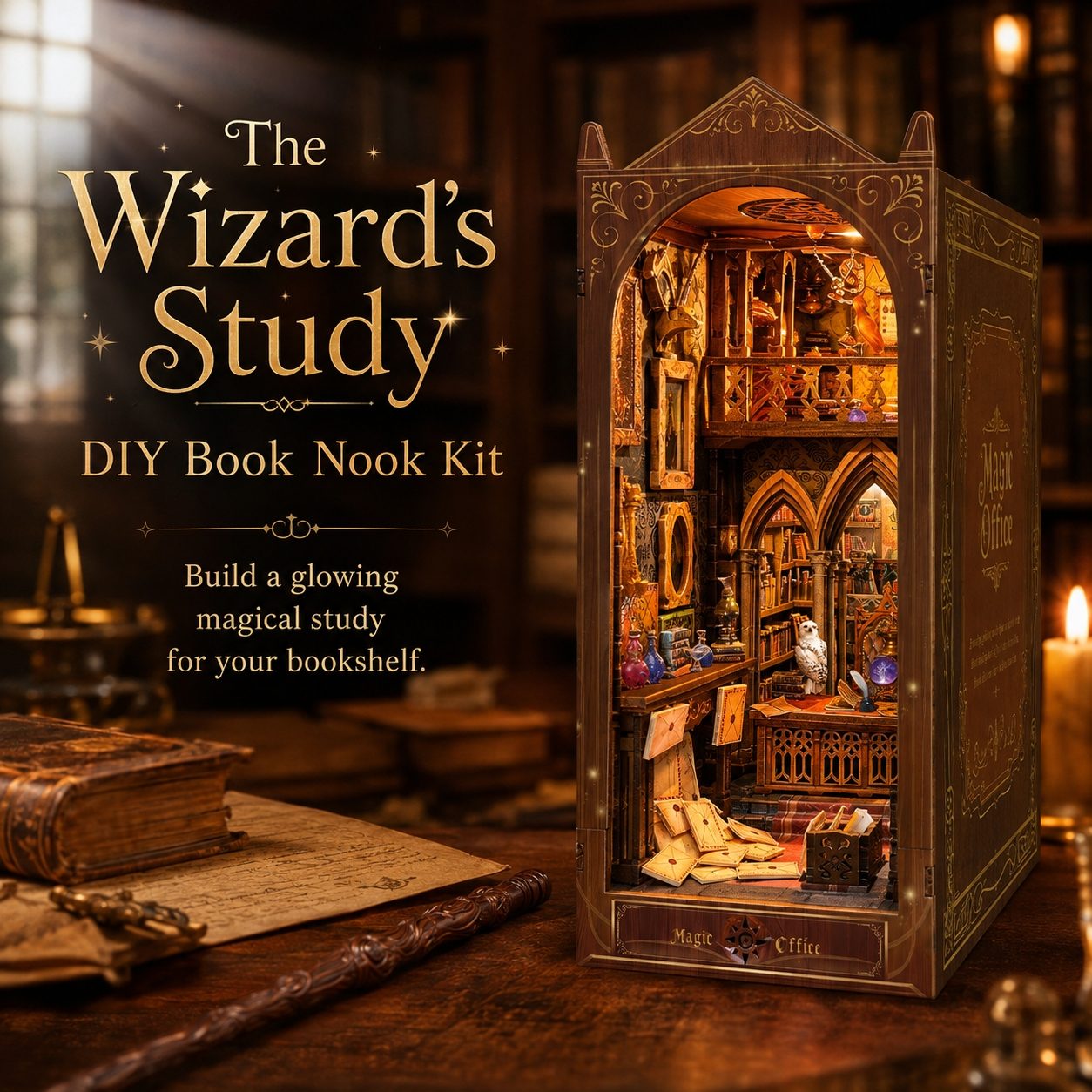 A lit DIY book nook kit shaped like a wizard's study, displayed on a wooden table with books, a wand, and candles in a cozy library setting. Text on the left reads 'The Wizard's Study DIY Book Nook Kit'.
