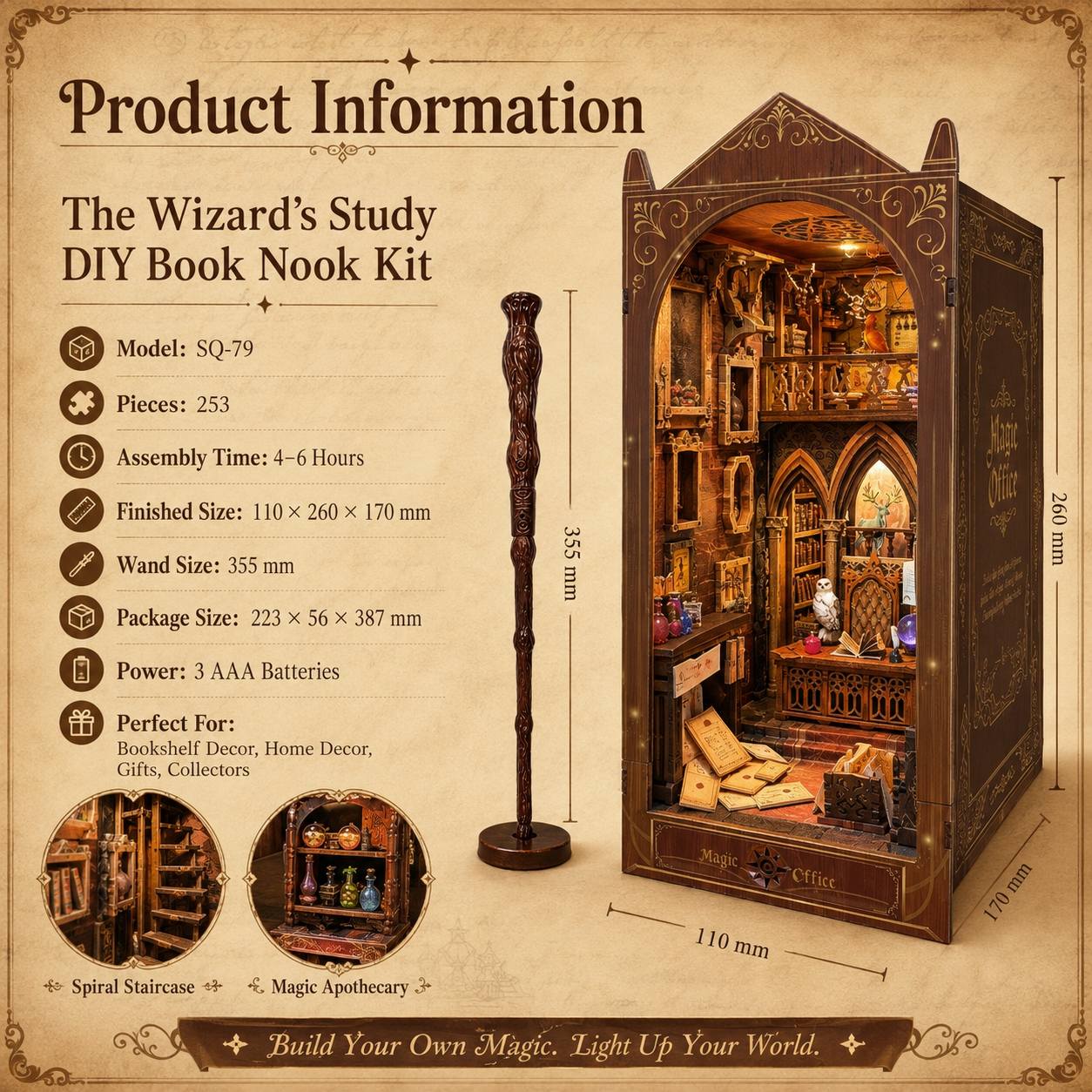 Wizard's Study DIY Book Nook Kit product information graphic showing a decorative wooden cabinet/bookcase with a tall wand, interior shelves, lighting, and dimension labels on a parchment-style background.