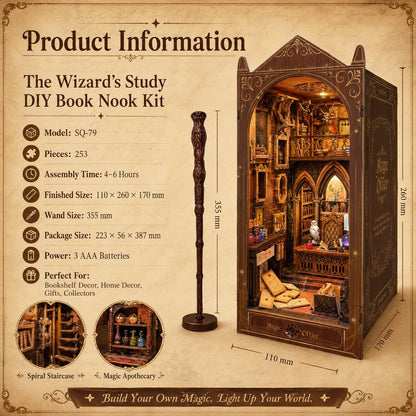Wizard's Study DIY Book Nook Kit product information graphic showing a decorative wooden cabinet/bookcase with a tall wand, interior shelves, lighting, and dimension labels on a parchment-style background.