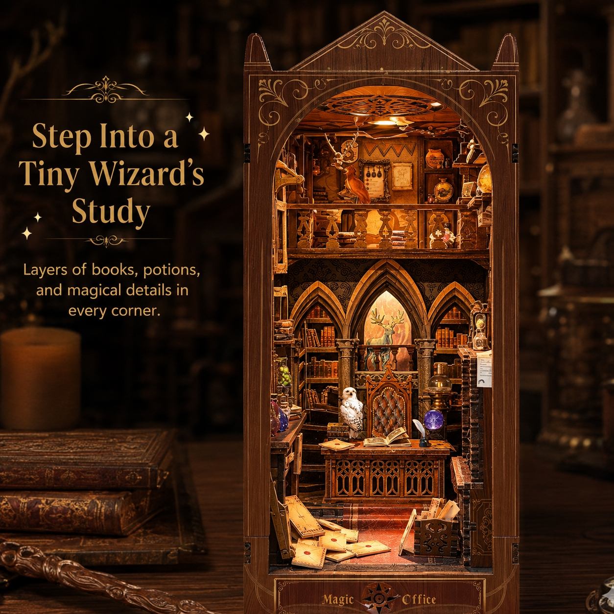 A miniature wooden wizard's study desk tower with intricate bookshelves, potion bottles, and magical details, shown on a dark wooden table next to a wand and old books. Text on the left reads 'Step Into a Tiny Wizard's Study'.