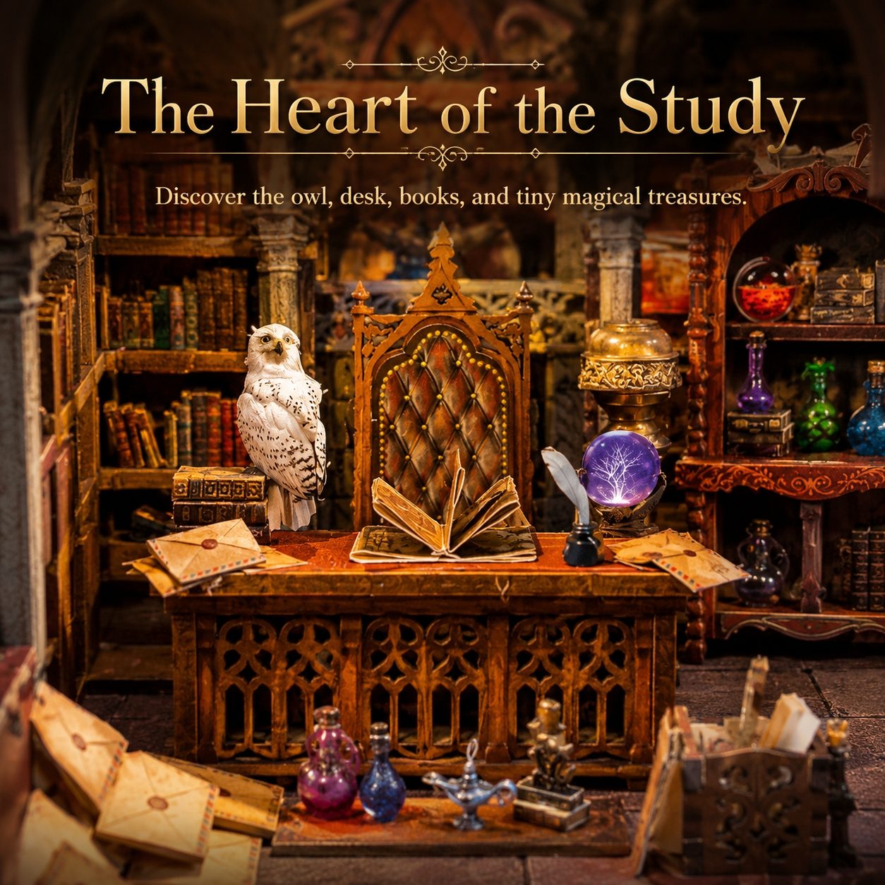 A fantasy bookshop interior scene with a large ornate desk, shelves of books, an owl statue, an open book, a glowing orb, and the text 'The Heart of the Study' at the top.