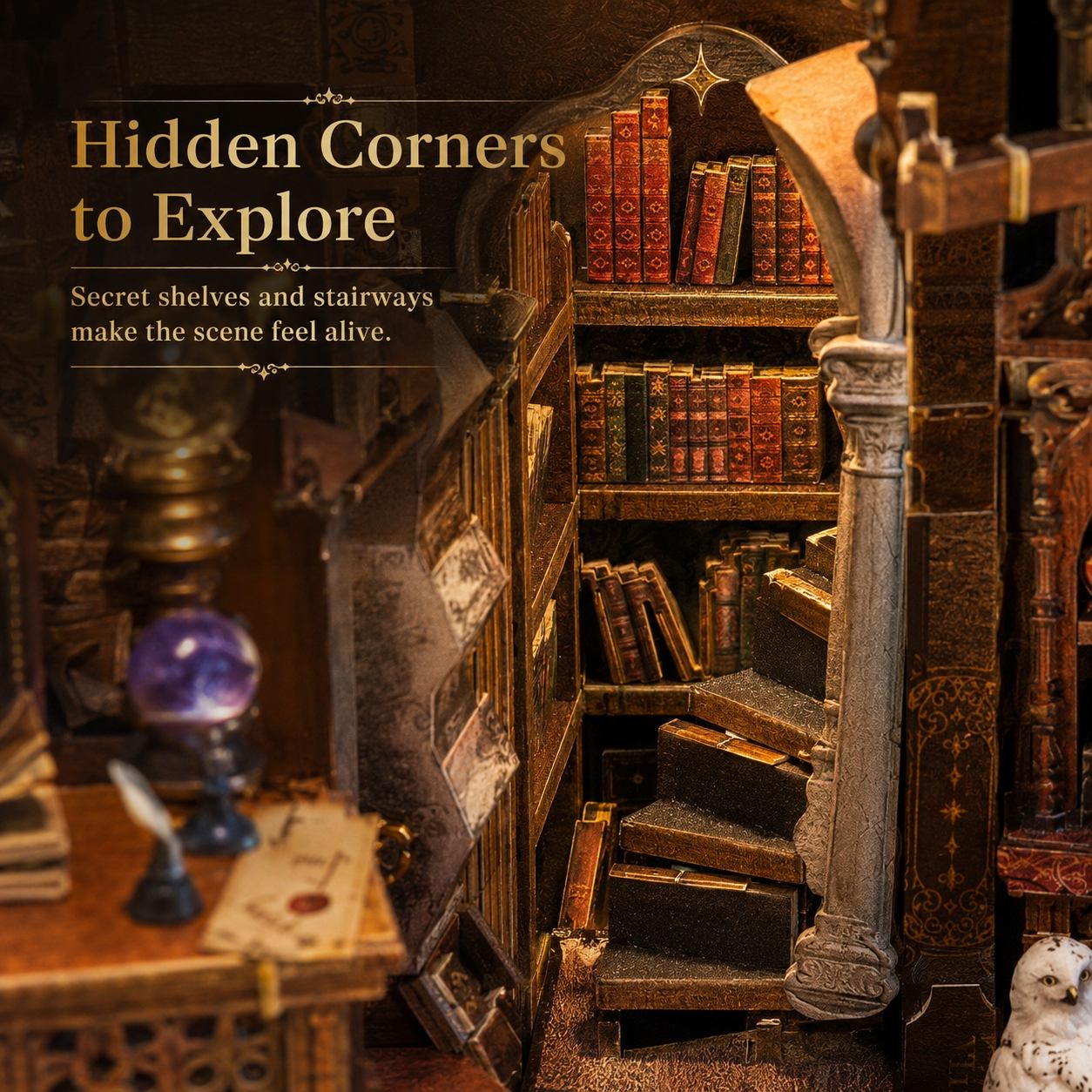 A miniature diorama of a gothic library with detailed bookshelves, tiny books, a stone pillar, and a desk lamp, with text overlay reading 'Hidden Corners to Explore'.