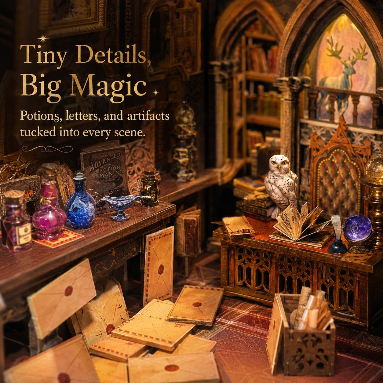 A miniature fantasy study or potion room scene with wooden furniture, books, bottles, envelopes, and magical props. Large overlaid text reads, 'Tiny Details, Big Magic.