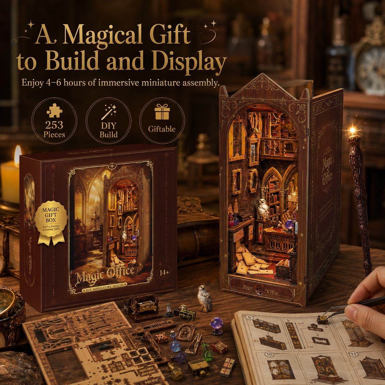 A magic-style miniature building kit shown assembled beside its box on a wooden table, with a hand holding a tool nearby. The scene includes promotional text, feature icons, and miniature accessories, suggesting a magical office or library diorama set.