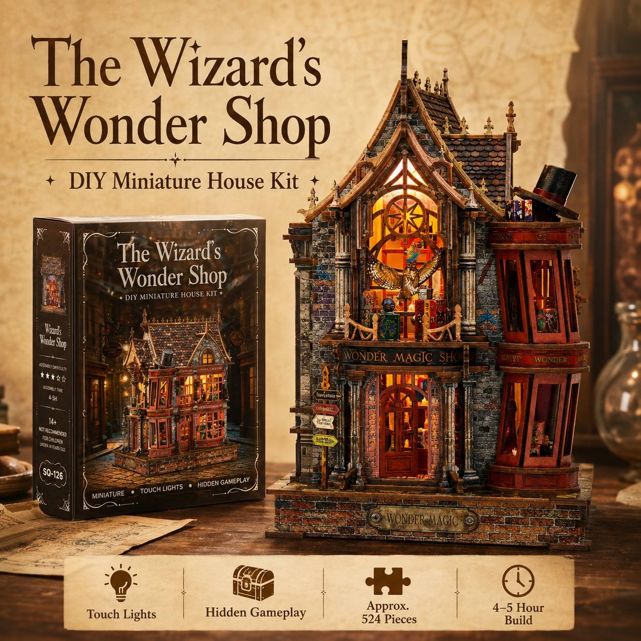 The Wizard's Wonder Shop DIY miniature house kit shown with its retail box and the assembled model. The fantasy shop features glowing warm lights, intricate architectural details, and small decorative figures.