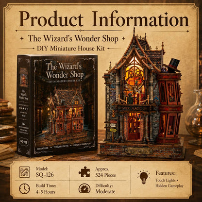 Product information graphic for 'The Wizard's Wonder Shop' DIY miniature house kit, showing the retail box, the assembled miniature house, and feature icons on a parchment-style background.