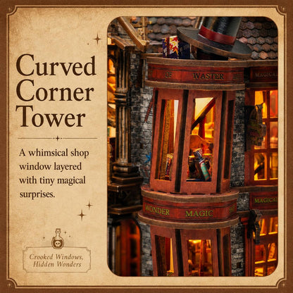 A promotional product image for a Curved Corner Tower by Crooked Windows, Hidden Wonders. The left side features a textured parchment-style background with the product name and a description of the whimsical shop window.