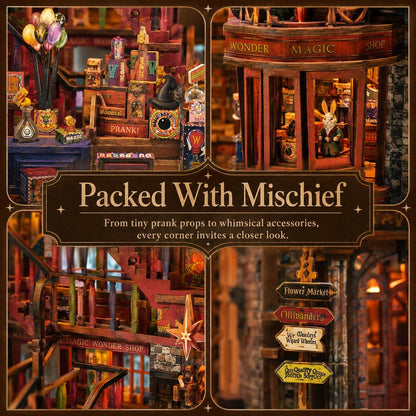 A collage-style promotional image showing a miniature wizarding shop set filled with tiny props and whimsical accessories. The center text reads 'Packed With Mischief' with smaller descriptive text below, and the collage includes four corner close-ups of the shop details.