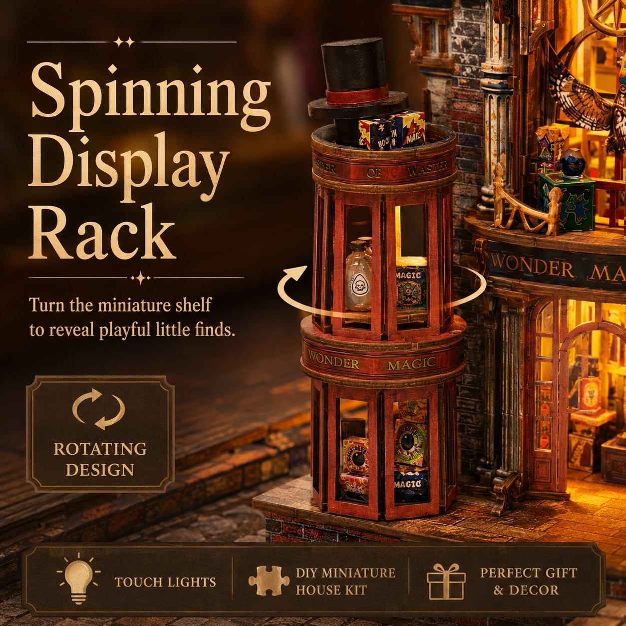 A promotional graphic for a spinning display rack miniature house kit. The main subject is a detailed, warm-lit miniature shop display rack with a top hat and magical items, set against a dark, atmospheric background with text overlays explaining its rotating design and features.