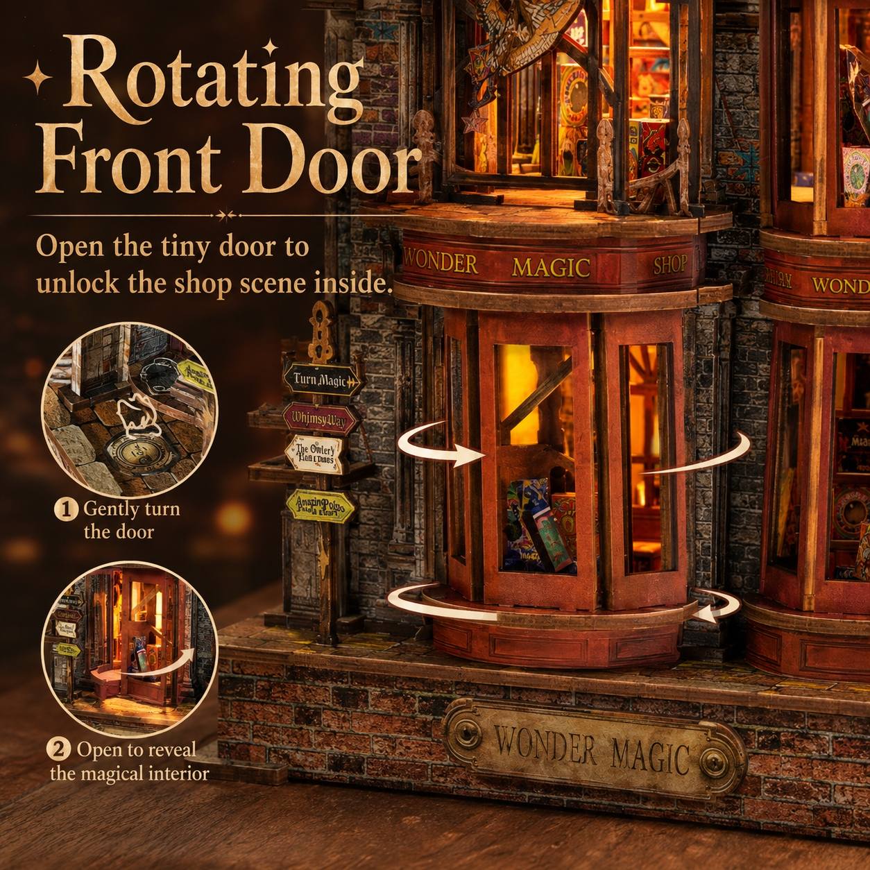 A decorative miniature shop set labeled 'WONDER MAGIC' with a rotating front door feature. The image includes large explanatory text, two circular inset demonstration photos, and arrows showing how to open the door to reveal the magical interior.