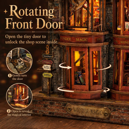 A decorative miniature shop set labeled 'WONDER MAGIC' with a rotating front door feature. The image includes large explanatory text, two circular inset demonstration photos, and arrows showing how to open the door to reveal the magical interior.