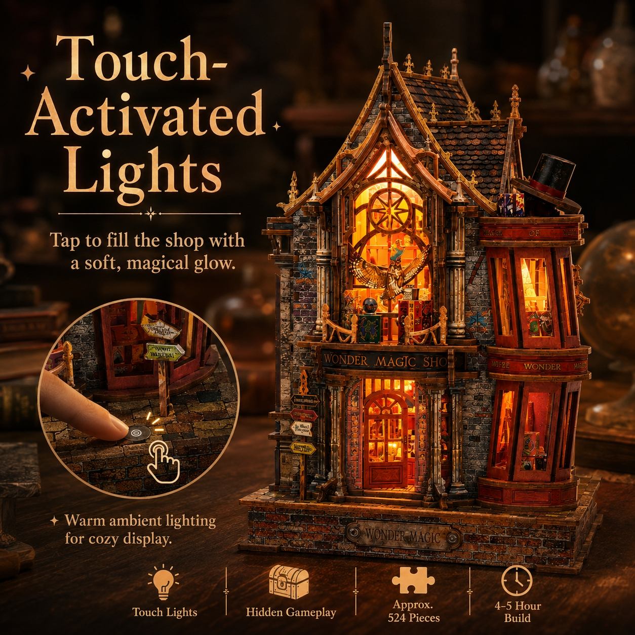 A detailed miniature wizarding shop light-up puzzle with warm glowing interior lights, shown on a dark wooden surface with promotional text and feature icons. A hand is visible touching the shop entrance in a circular inset demonstrating the touch-activated lighting.