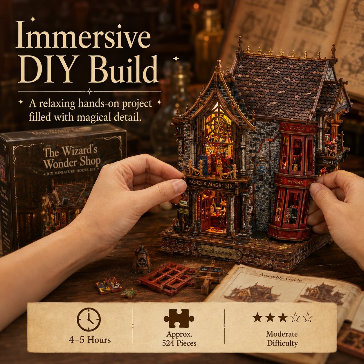 A person's hands are assembling a detailed miniature wizard shop dollhouse, with the brand box, instruction booklet, and decorative props on a rustic wooden table. Text overlays describe the 'Immersive DIY Build' and include build time and difficulty.