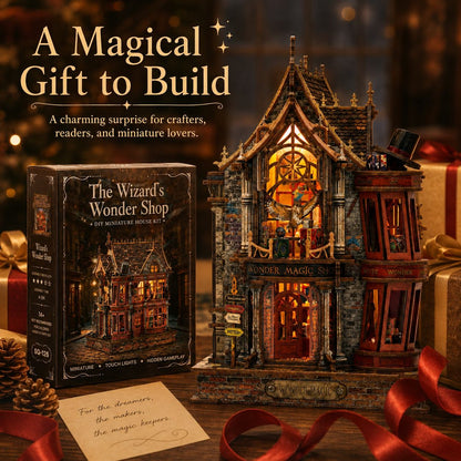 The Wizard's Wonder House miniature kit shown with its retail box and a fully built, illuminated model of the shop. The scene is styled with red ribbons, pinecones, wrapped gifts, and a warm, festive background, with promotional text reading 'A Magical Gift to Build'.