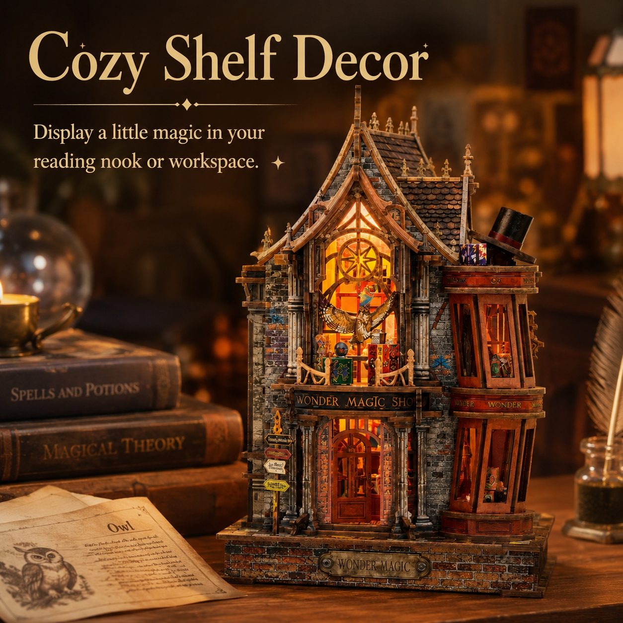 A cozy, illuminated miniature house shelf decor piece styled on a wooden desk with books and a notebook in a warm, atmospheric room setting.