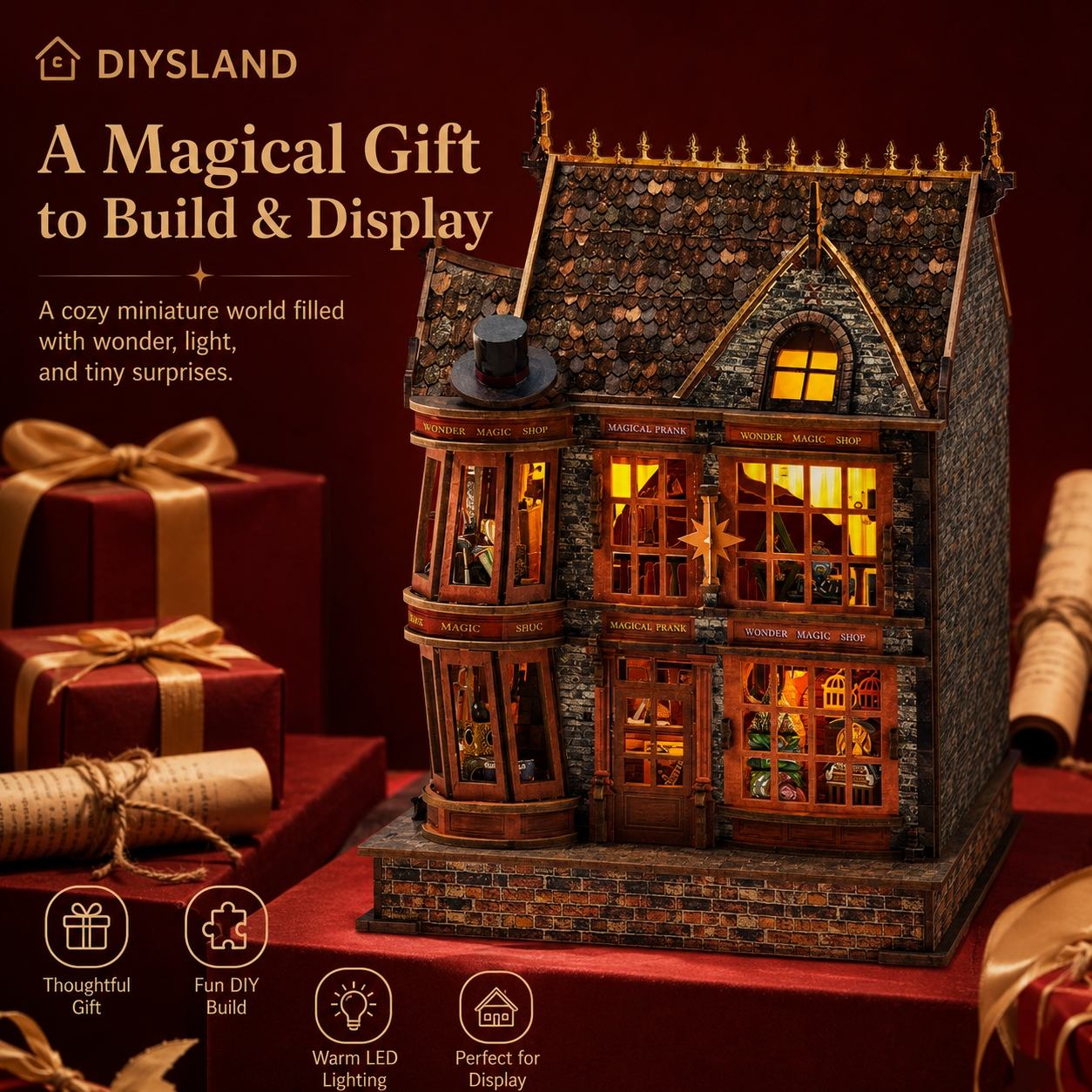 DIYLAND miniature house kit displayed on a red surface with gift boxes and decorative props around it. The main product is a detailed two-story cottage with warm glowing windows, a dark textured roof, and decorative signage.