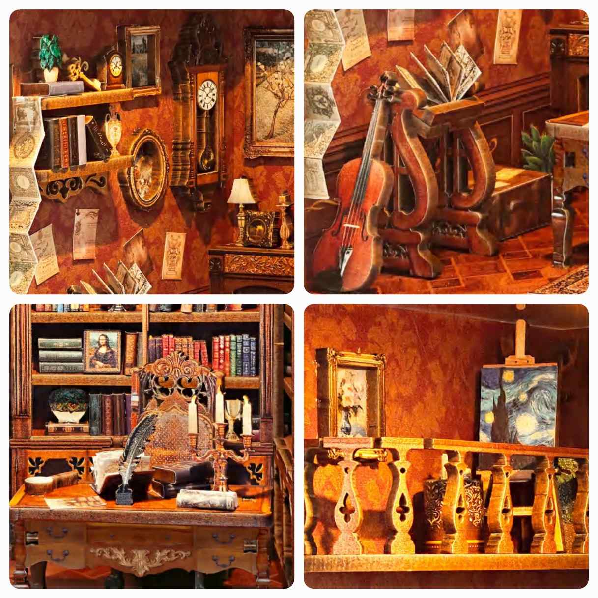 close-up the details in the assembled Time Book House Wooden Book Nook