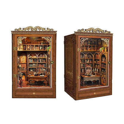 image displaying the front and side of the assembled Time Book House Wooden Book Nook