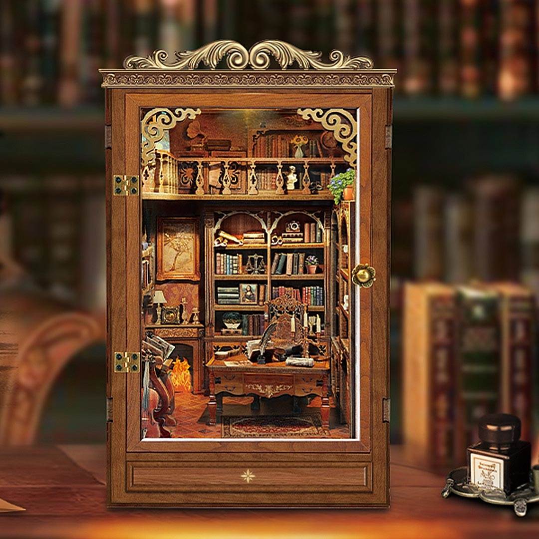 image displaying the front of the assembled Time Book House Wooden Book Nook in a book store setting