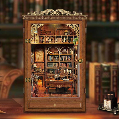 image displaying the front of the assembled Time Book House Wooden Book Nook in a book store setting