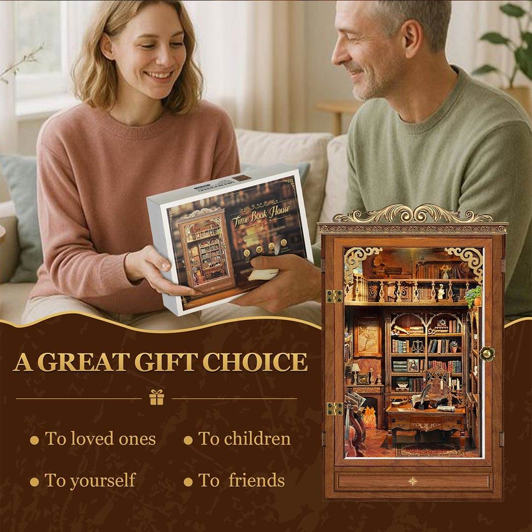 a man is giving the Time Book House Wooden Book Nook Kit as a gift