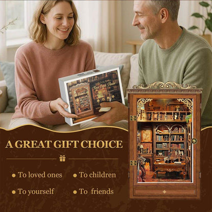 a man is giving the Time Book House Wooden Book Nook Kit as a gift