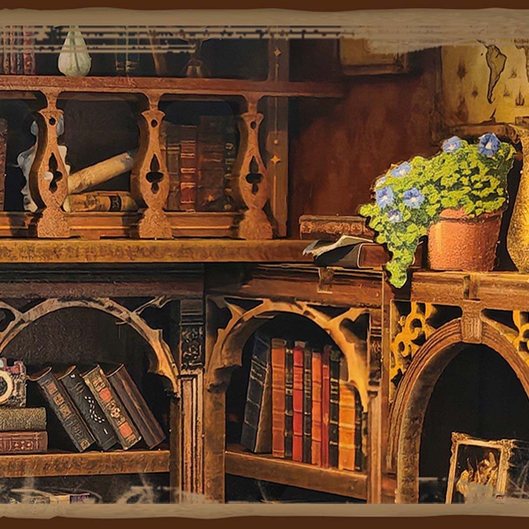 close-up the miniature bookshelf full of tiny books in Time Book House Wooden Book Nook