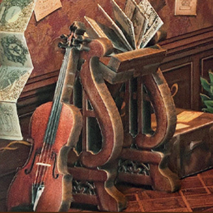 close-up the tiny wooden violin in  the Time Book House Wooden Book Nook