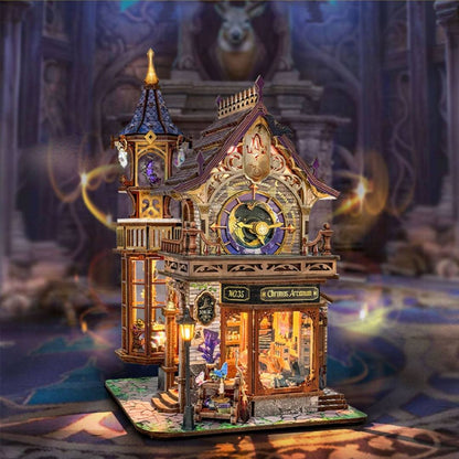 Detailed miniature magic house of a clock tower with intricate design in a fantasy setting