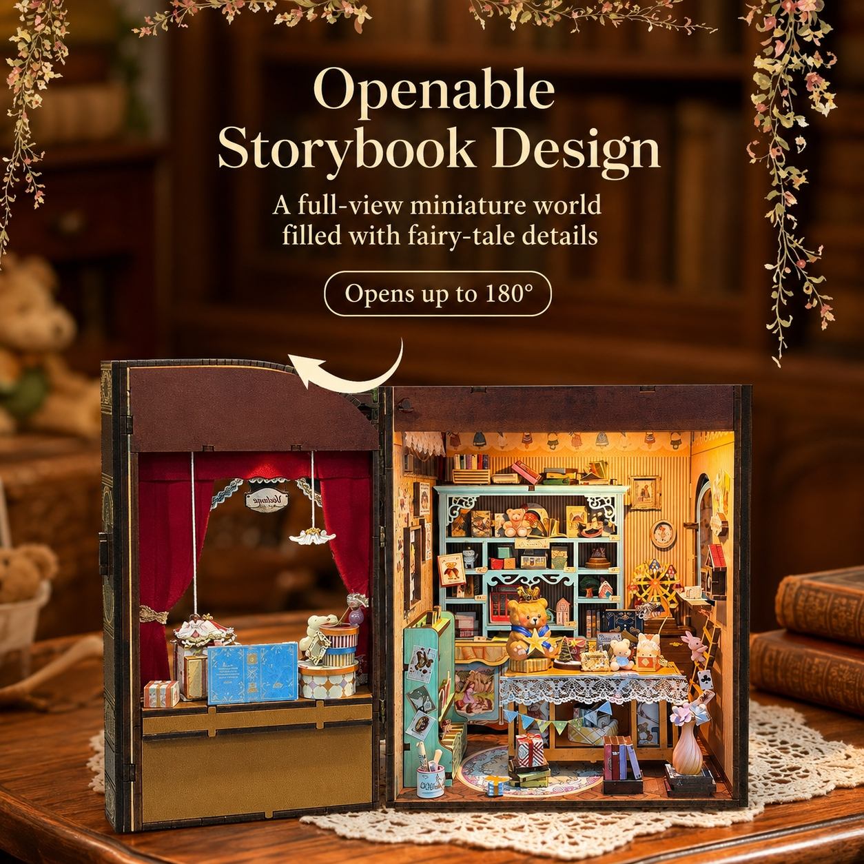 An openable miniature storybook-style dollhouse displayed open on a wooden table, showing a detailed shop interior with shelves, tables, and tiny figurines. Text above reads 'Openable Storybook Design' and 'A full-view miniature world filled with fairy-tale details.