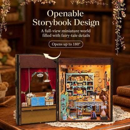 An openable miniature storybook-style dollhouse displayed open on a wooden table, showing a detailed shop interior with shelves, tables, and tiny figurines. Text above reads 'Openable Storybook Design' and 'A full-view miniature world filled with fairy-tale details.
