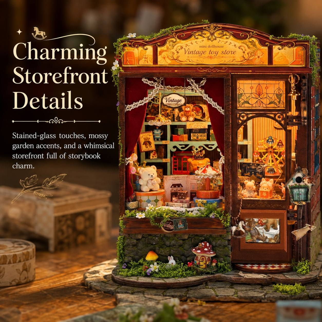 A miniature vintage toy store storefront display with warm glowing interior lights, red curtains, stained-glass-style panels, shelves filled with tiny decorative items, and mossy green accents. Text on the left reads 'Charming Storefront Details' with descriptive copy about stained-glass touches, mossy garden accents, and a whimsical storefront charm.